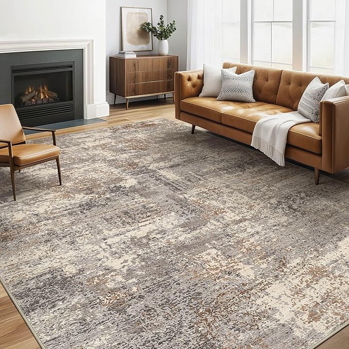 5x8 Area Rugs Living Room: Washable Large Abstract Neutral Modern Soft Rug Stain Resistant Indoor Floor Non-Slip Accent Carpet for Bedroom Nursery Playroom Dining Room Office Home- Sand Brown Black