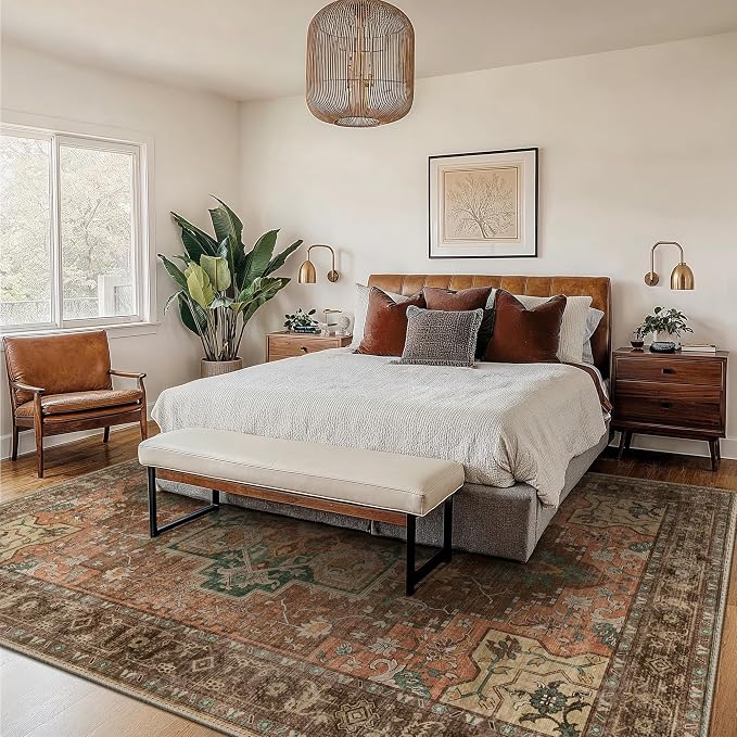 GENIMO 5x7 Area Rugs for Living Room, Machine Washable Non Slip Vintage Rugs, Low Pile Lightweight Print Rug for Bedroom, Dining Room, Home Office, Rosewood