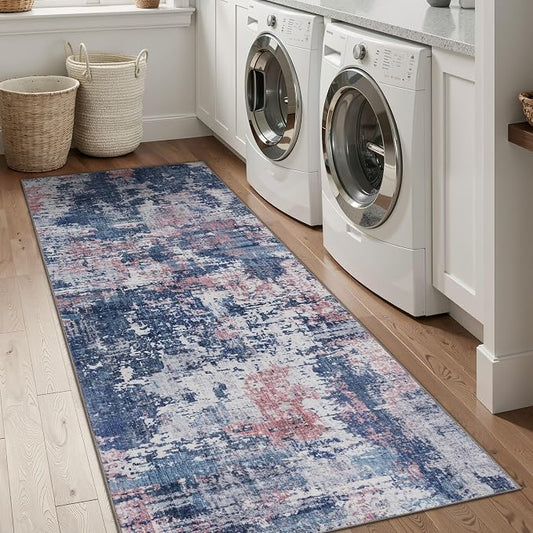 Sasttie 2x8 Soft Runner Rug for Entryway, Modern Abstract Washable Carpet for Hallway, Kitchen and Laundry Room, with Non-Slip Backing, Pink and Blue