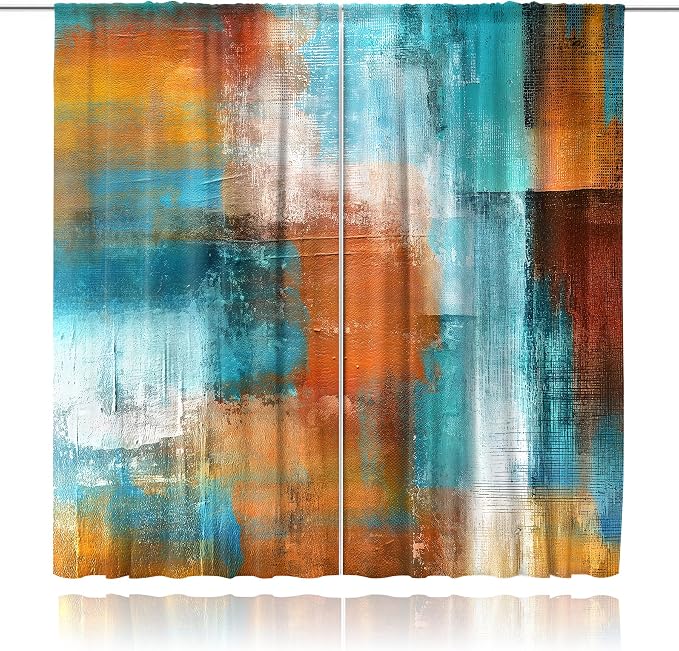MESHELLY Abstract Brown Teal Curtains 42W x 63H Inch Rod Pocket Rust Burnt Orange Turquoise Art Painting Modern Contemporary Watercolor Cool Oil Print Vintage Living Room Bedroom Window Drapes 2 Panel