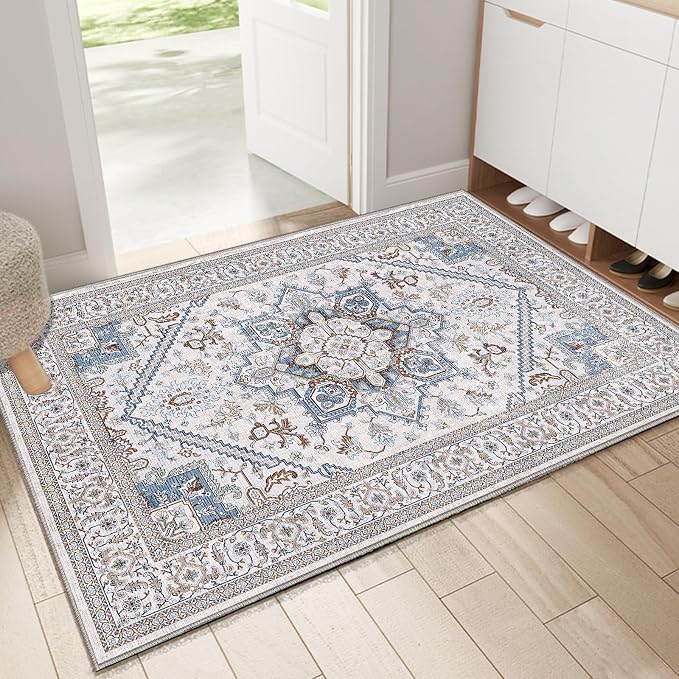 OPPODREAM Soft Throw Rugs 2x3, Small Neutral Washable Entryway Rugs 2 x 3 with Non Slip Backing, Low-Pile Faux Cashmere 2 x 3 Carpet, Cream White & Blue & Light Brown