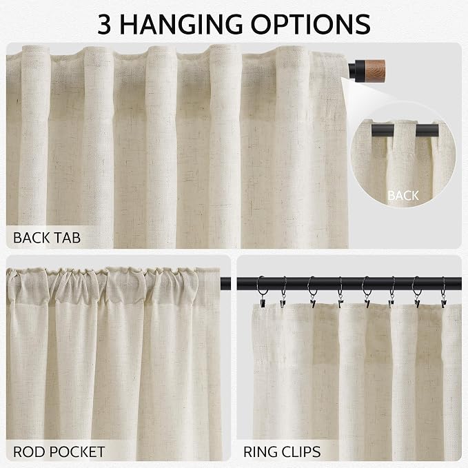 Nanspring Vanilla Linen Curtains for Living Room 72 Inches Long Luxury Light Filtering Semi Sheer Curtain Back Tab Modern Farmhouse Decor Elegant Coastal Drapes for Bedroom Office 52x72, 2 Panels