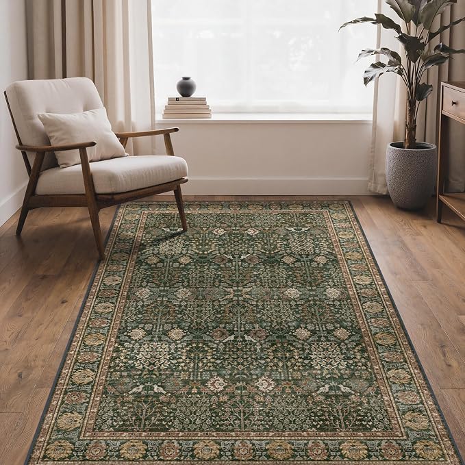 Bavni Washable Rugs 4x6-Machine Washable Rug Lightweight Low Pile, Vintage Floral Rug Non-Shedding Distressed Throw Carpet for Living Room Bedroom Office, Dark Green/Multi