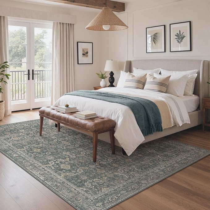 GENIMO 10x14 Area Rugs for Living Room, Machine Washable Non Slip Vintage Rugs, Low Pile Lightweight Chenille Print Rug for Bedroom, Dining Room, Home Office, Deep