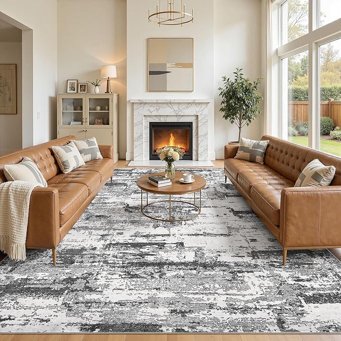 Area Rugs for Living Room: 10x11 Abstract Washable Rug Modern Neutral Large Soft Stain Resistant Non-Slip Backing Machine Table for Bedroom Dining Room Indoor Home Office Carpet - Black Grey