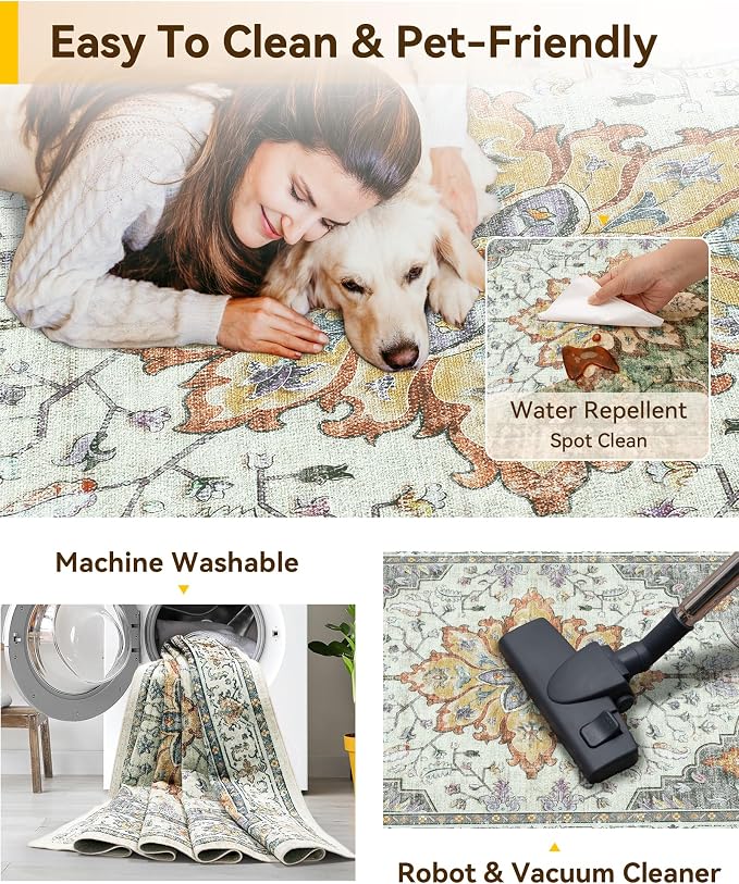 RELEANY Area Rugs 8'x10' Washable Non-Slip, Floral Vintage Distress Medallion Carpet for Living Room Bedroom Dining Room, Beige Carbon Grey Orange