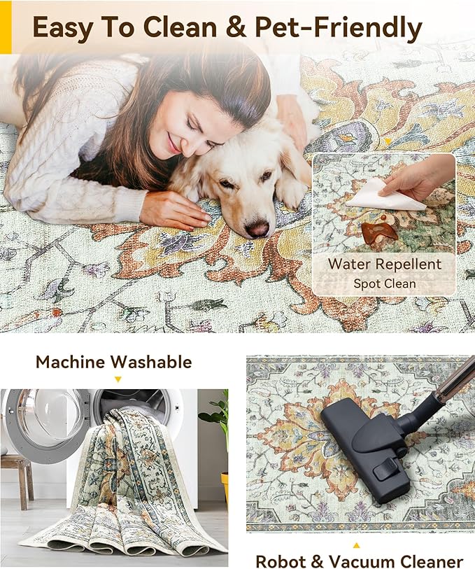 RELEANY Area Rugs Runner 3'x10' Washable Non-Slip, Floral Vintage Distress Medallion Carpet for Kitchen Hallway Bedroom Beside Laundry Room Bathroom, Beige Carbon Grey Orange