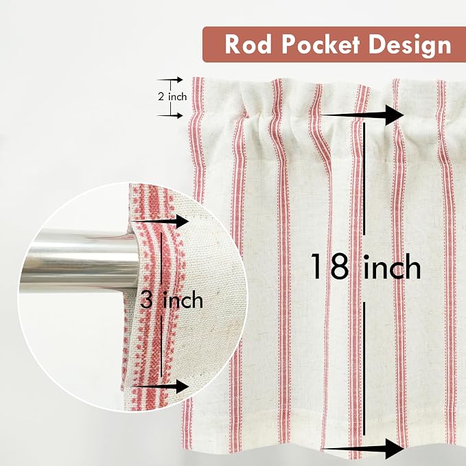 DriftAway Farmhouse Linen Lined Valance Double Layer Thermal Insulated Room Darkening Blackout Window Valances 3 Inch Rod Pocket Vertical Striped Kitchen Valance for Bathroom Single 52 x 18 Inch Red