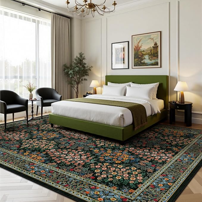 8x10 Area Rugs, Machine Washable Low Pile Floral Rugs for Living Room, Bedroom, Large Boho Area Rug with Non-Slip Backing for Dining Room(Black Floral)