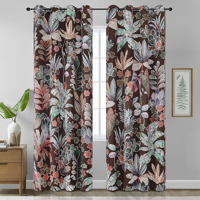 Estelar Textiler Brown Boho Floral Printed Curtains 2 Panel Sets for Bedroom,Thermal Insulated Grommet Window Curtains Blackout Room Darkening Drapes Home Decoration for Bedroom,52x108 Inch