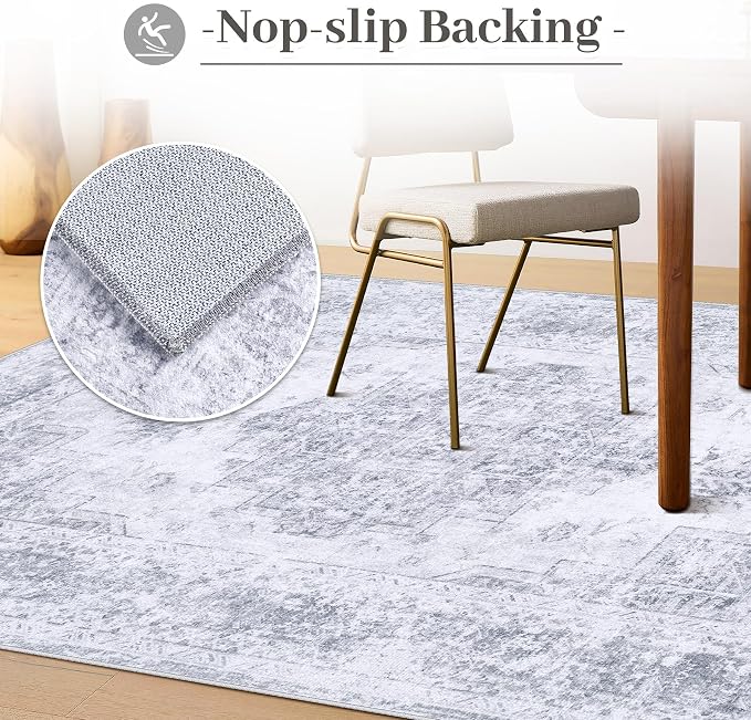 XLUEZ Area Rug 9x12 Living Room Rug, Machine Washable Vintage Distressed Medallion Rug Non-Slip Soft Low Pile Large Indoor Rugs for Bedroom Kitchen Dining Room Office(LightGrey,9'x12')