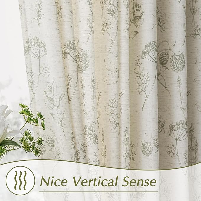 FMFUNCTEX Linen Curtains Floral Patterned Curtain for Bedroom Living Room, Sage Green Curtains 96 Inches Long Farmhouse, Light Filtering Beige Window Curtain Grommet Top 2 Panels Set