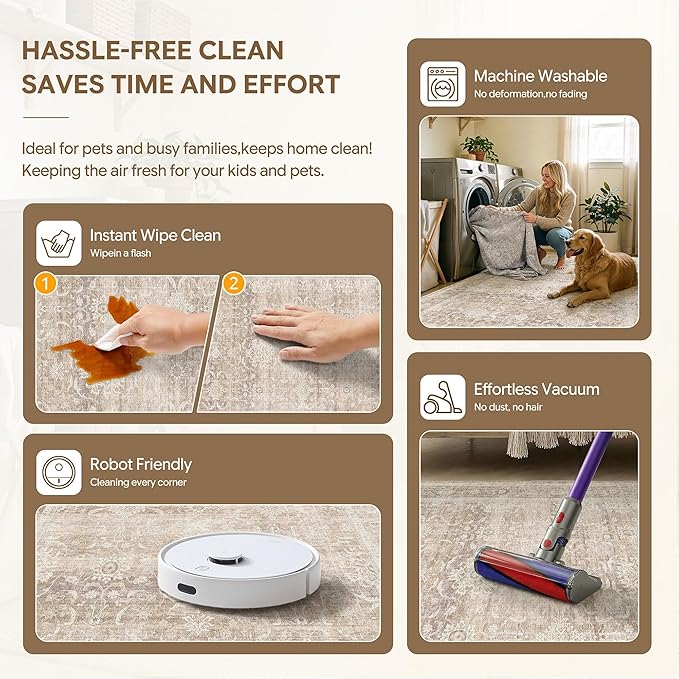 HUGEAR 2x8 Runner Rugs Machine Washable Retro Beige Hallway Entryway Rug Distressed Vintage Neutral Stain Resistant Non Slip Low Pile Throw Carpet for Home Aesthetic Decor
