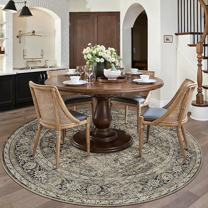 PureCozy Brown Round Area Rug 8ft Washable 8x8 Circle Vintage Low Pile Indoor Large Kitchen Living Room Carpet Non Slip Traditional Distressed Retro Accent Throw Rug Office Dining Room