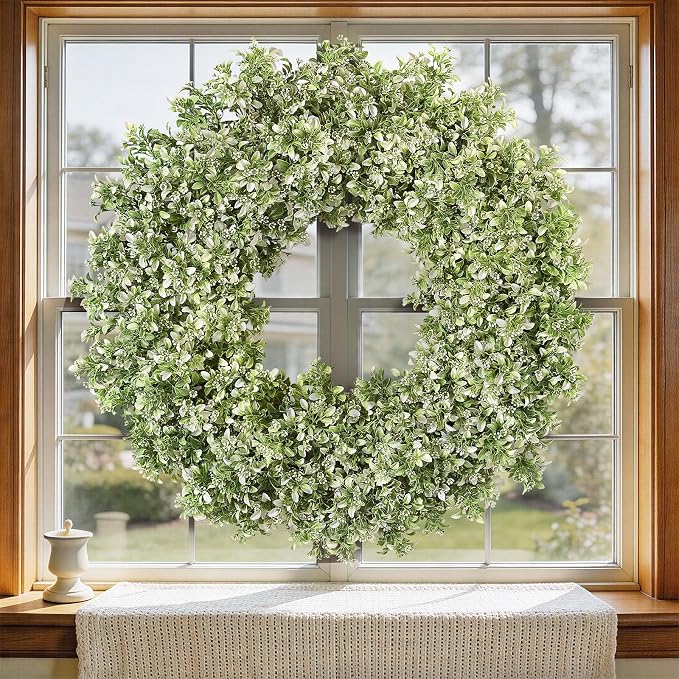 32" Large Artificial Boxwood Wreath for Front Door (White-Green) | Waterproof Fade Resistant,Premium Durable,Faux Aglaia Odorata Wreath,for Wall Window Farmhouse Outdoor All Seasons Decor
