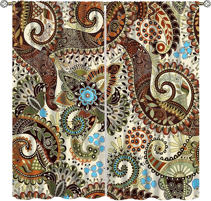 Boho Curtains, Abstract Pelis Boho Brown Vintage Floral Ethnic Tribal Blossom Print, Blackout Curtains for Bedroom Living Room42X54 Inch