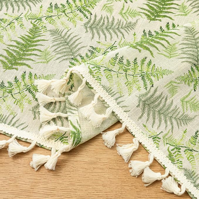 Deeprove Sage Green Boho Valance Window Curtain 18 Inch with Tassels Over Sink Fern Leaf Print KitchenSheer Short for Cafe Closet Farmhouse Chic Vintage Country Style Drape Decor 1 Panel 52W x 18L