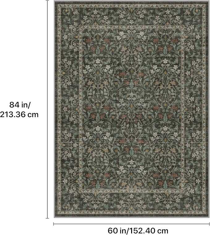 GENIMO 5x7 Washable Area Rugs for Living Room, Non Slip, Black | Vintage Boho Floral Low Pile Thin Carpet for Bedroom, Dining Room, Nursery, Indoor Decor