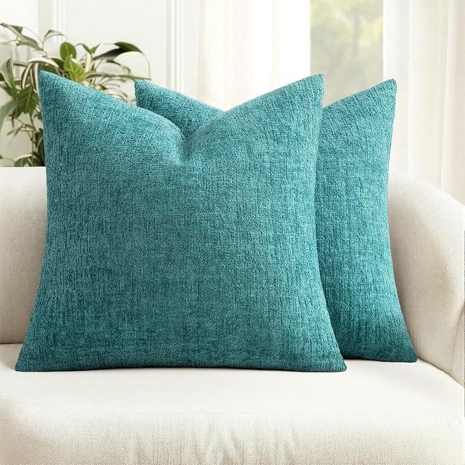 MIULEE Decorative Throw Pillow Covers 24x24 Pack of 2 Teal Blue Spring Couch Pillow Covers Soft Cozy Textured Chenille Pillowcases for Home Decor Sofa Living Room Cushion Bedroom