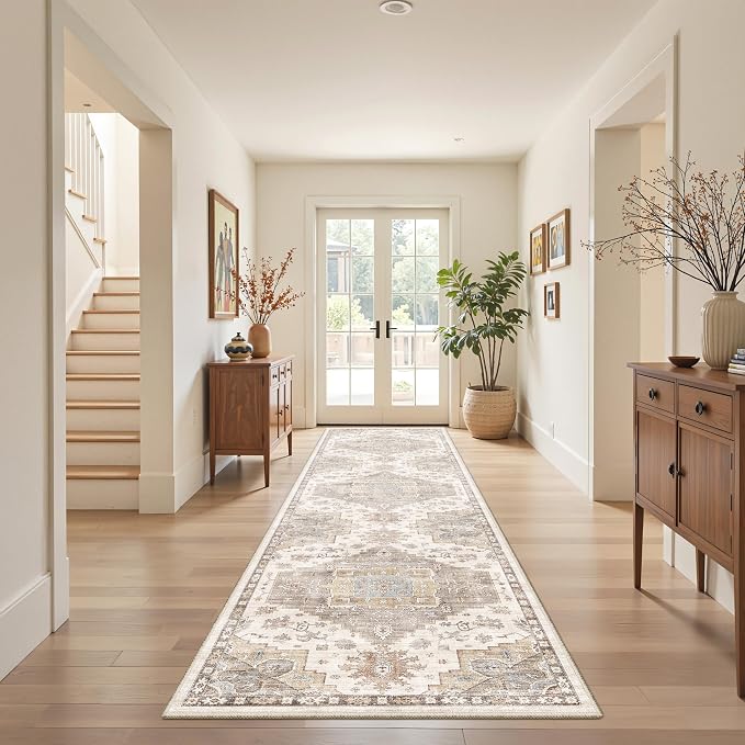 Runner Rug 2x6 Washable Vintage Area Rugs for Hallway Non Slip Laundry Rug Runner Boho Floor Carpet Runners for Entryway Laundry Room Kitchen Bathroom (2'x6',Brown)