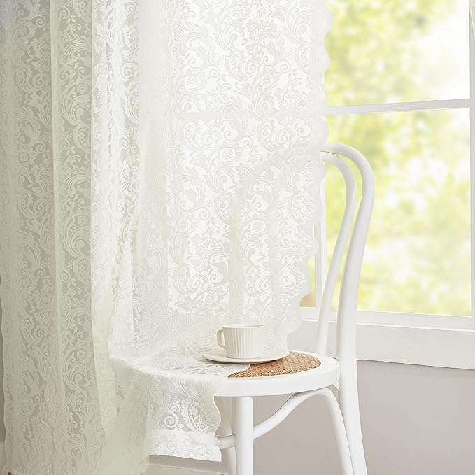 ALIGOGO Lace Sheer Curtains 90 Inches Long - Country Rustic Knitted Cream Floral Curtains 2 Panels for Living Room, Victorian Rod Pocket Privacy Light Filtering, 52 x 90 Inch, Ivory
