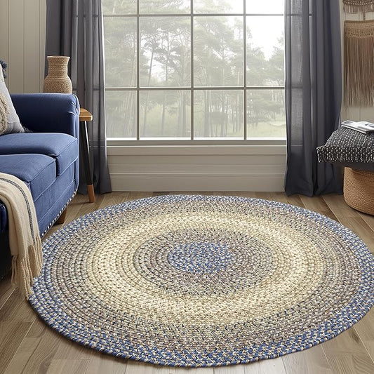 Super Area Rugs Braided Rug Round 8ft Farmhouse Kitchen Rug - Ridgewood Braided Carpet for Living Room - Reversible - Indoor/Outdoor - Made in USA - Blue/Beige, 8' Round