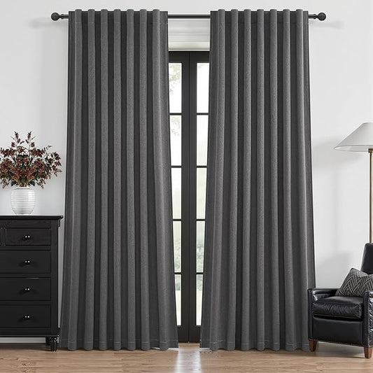 102 Inch Long Dark Gray Blackout Curtains for Bedroom 2 Panels Set, Natural Linen Pleated Floor to Ceiling Thermal Drapes Hooks Rings Back Tab Textured Window Drapes Decor Charcoal Grey(50"Wx102"L)