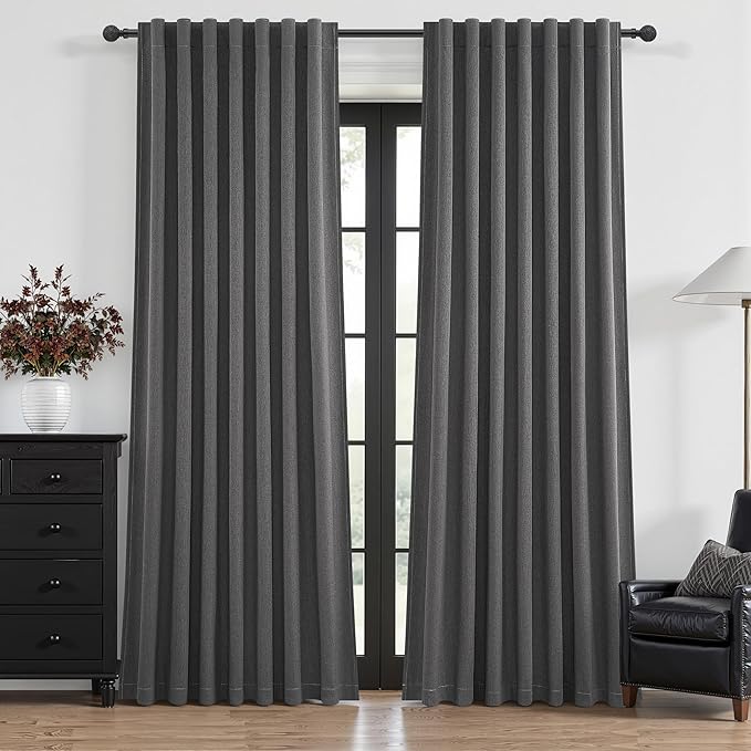 102 Inch Long Dark Gray Blackout Curtains for Bedroom 2 Panels Set, Natural Linen Pleated Floor to Ceiling Thermal Drapes Hooks Rings Back Tab Textured Window Drapes Decor Charcoal Grey(50"Wx102"L)
