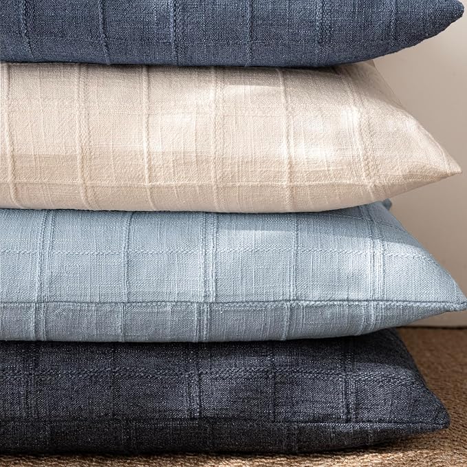 Foindtower Set of 2 Decorative Linen Check Throw Pillow Covers Neutral Farmhouse Vintage Cushion Covers Modern Boho Accent Home Decor for Sofa Chair Couch Bedroom Living Room,16×16 Inch,Sky Blue