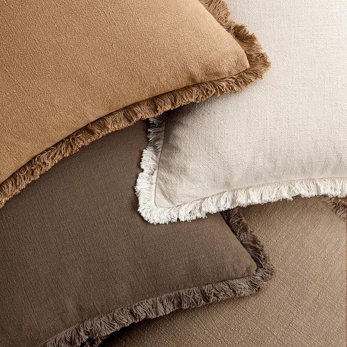 MIULEE Decorative Couch Pillow Covers Neutral Linen Fringe Throw Pillows Set of 4 Accent Rustic Cushions Boho Farmhouse Pillowcases for Bed Sofa Living Room Spring Home Decor 18x18 Inch Neutral Brown