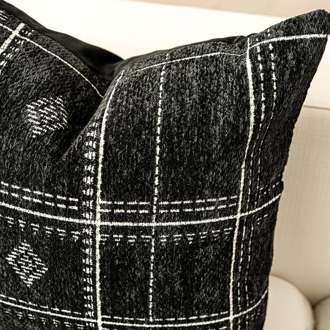 BlissBlush Decorative Lumbar Pillow Cover 14x36, Long Decorative Throw Pillow for Bed, Black Boho Textured Chenille Accent Pillowcase for Bedroom Home Décor (Cover Only)