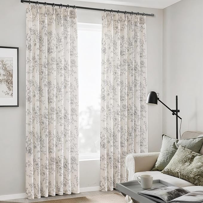 Pinch Pleated Floral Linen Curtains 84 inch Long Black and Cream Memory Trained Curtain Light Filtering Living Room Farmhouse Flower Pattern Printed Pinch Pleat Drapes with Hooks 2 Panels 40“W x 84"L