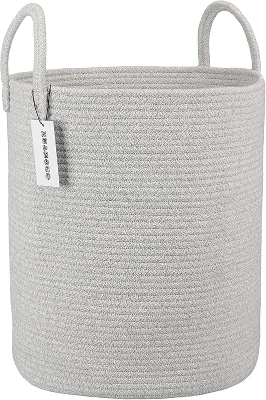 XUANGUO Cotton Rope Laundry Basket Hamper for Clothes Woven Storage Basket for Living Room Bedroom Boho Tall Rope Baskets for Blanket Toys Pillow Towels Baby Nursery Hamper Bin Large light grey