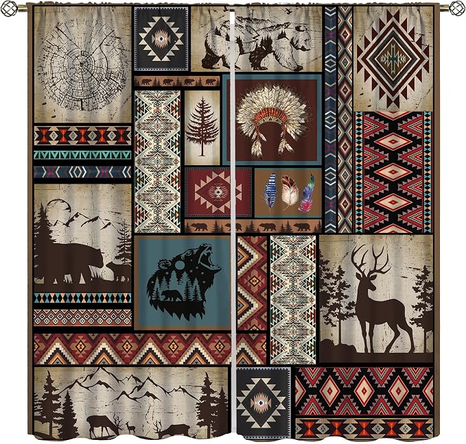 Rustic Cabin Blackout Curtains for Kitchen Country Retro Aztec Southwest Native American Farmhouse Woodland Wildlife Camping Window Treatments for Farmhouse Bedroom Living Room 63x72in