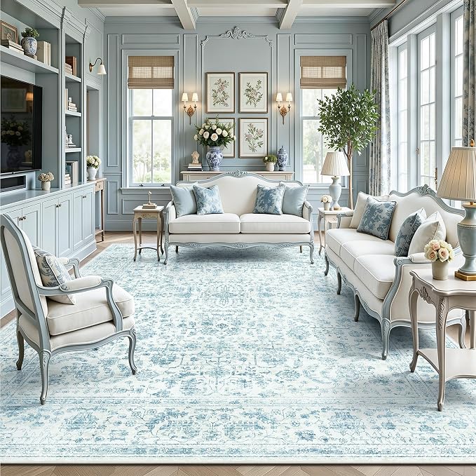 8x10 Area Rugs for Living Room, Washable Vintage Retro Floral Rug, Low Pile Non Slip Distressed Large Carpet for Bedroom, Dining Room, Office, Home (Blue)