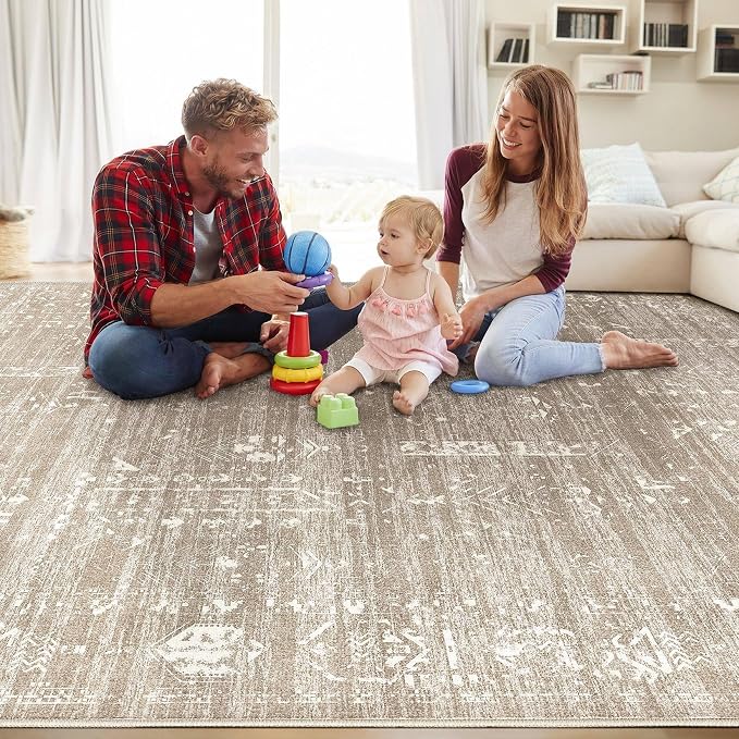 Area Rug for Living Room - 7x9 Soft Washable Oriental Vintage Floral Distressed Large Carpet - Fade Stain Resistant Non Slip Rugs for Bedroom Dining Room Nursery Dorm Office Home Decor - Camel