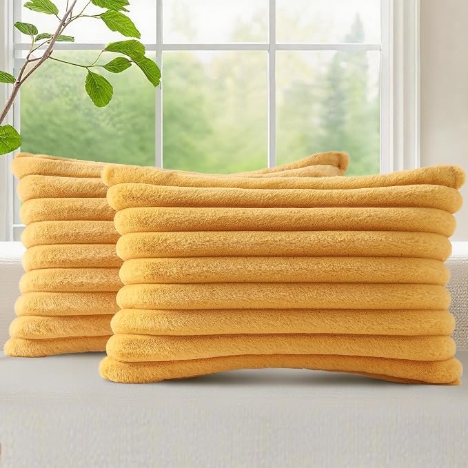 decorUhome Fall Cozy Faux Fur Throw Pillow Covers 12x20 Set of 2 Decorative Plush Striped Lumbar Modern Farmhouse Boho Couch Pillow Cases with Velvet Back for Sofa Bed Living Room, Mustard Yellow