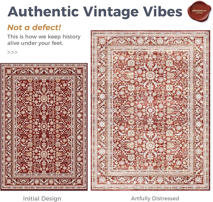 OPPODREAM Vintage Red Area Rugs 3x5, 3 x 5 Retro Washable Rug Non Slip, Low-Pile Faux Wool Carpet, Distressed Floor Mat for Living Room, Bedroom, Kitchen, Office, Dorm, Dinning Room