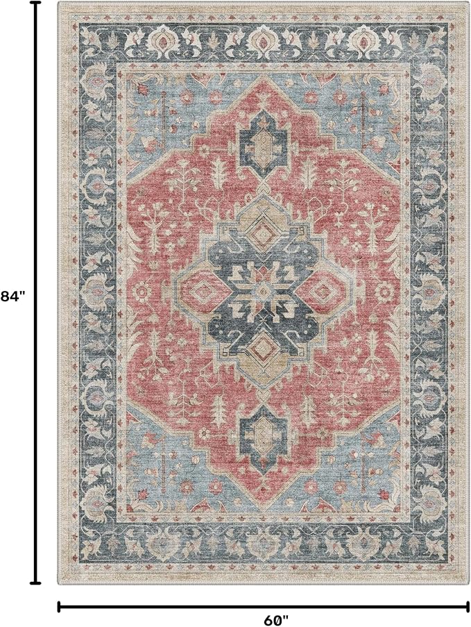 GENIMO 5x7 Floral Medallion Area Rug Machine Washable Non Slip Low Pile, Lightweight Print Pattern Rugs for Living Room Bedroom Dining Room, Dusty Red