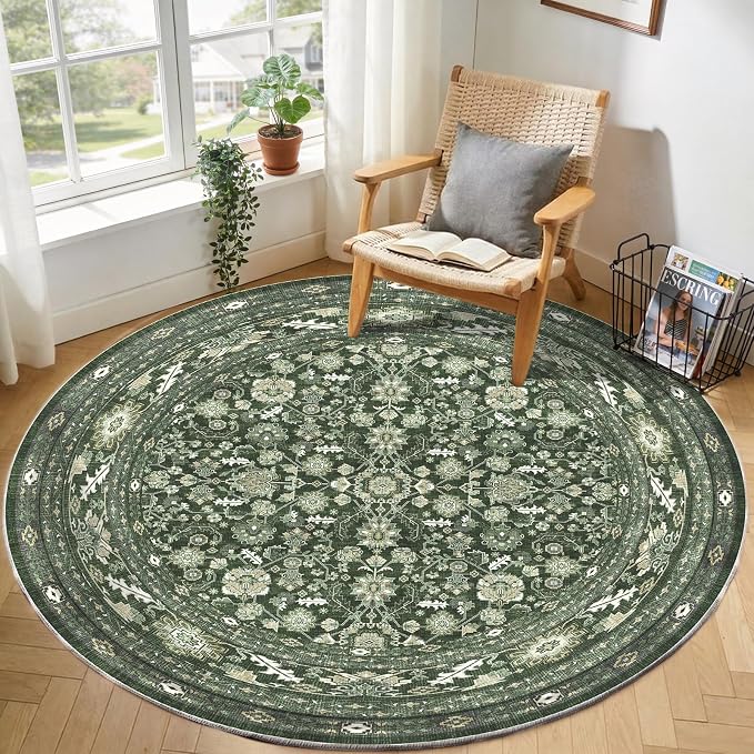 OPPODREAM Low-Pile Area Rugs, Faux Wool Carpet for Living Room, Kitchen, Office, Dorm, Bedroom, Vintage Washable Rug Non Slip, Dark Green, 5'