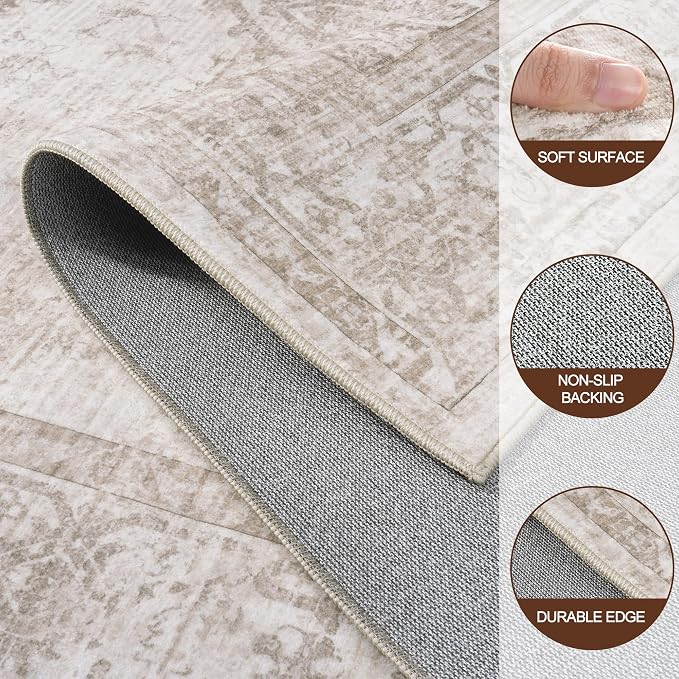 6x9 Area Rugs for Living Room:Beige Washable Vintage Medallion Carpet Non-Slip Soft Low Pile Large Rugs Indoor Retro Rug for Bedroom Nursery Dining Table Office Home(Beige Brown, 6'x9')