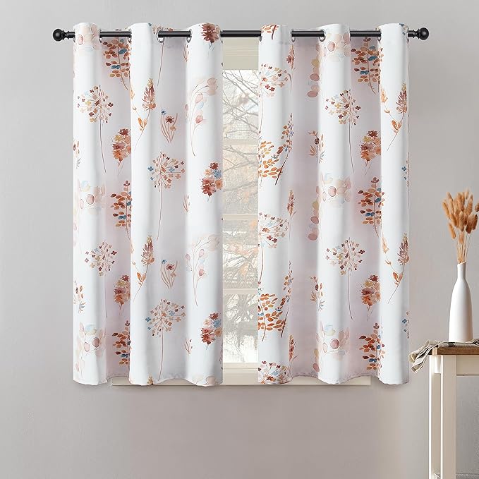 XTMYI Orange Curtains for Kitchen,Boho Colorful Floral Short Curtains for Window Bedroom,45 Inch Length Terracotta and Dark Blue