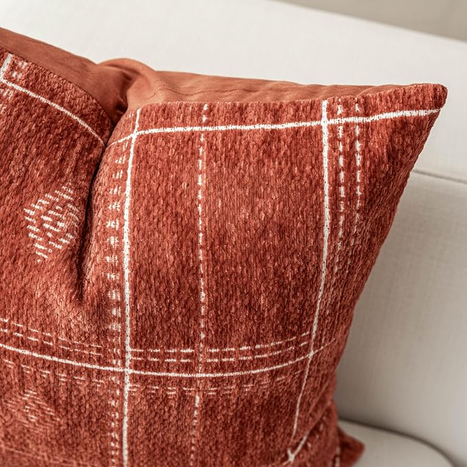 BlissBlush Decorative Throw Pillow Covers 20x20 Set of 2, Boho Textured Chenille Accent Throw Pillow Covers for Couch Sofa Bed Living Room Home Décor, Terracotta Rust Red (Cover Only)