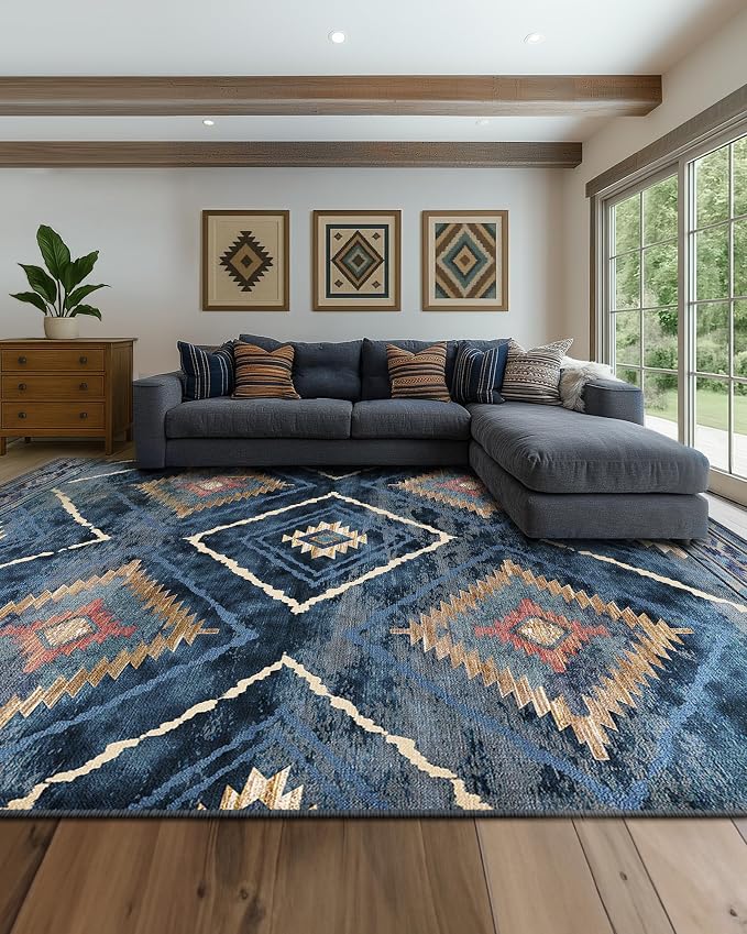 BESTSWEETIE Area Rug 9x12 Rug Machine Washable Non-Slip Low Pile Print Pattern Western Rug for Living Room Bedroom Entryway Tribal Series -Darkblue