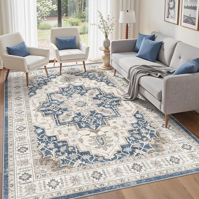 befbee 5x7 Area Rug for Living Rooms, Stain Resistant Neutral Washable Rugs for Dining Rooms, Floral Vintage Non-Slip Thin Large Size Area Rugs(Blue)