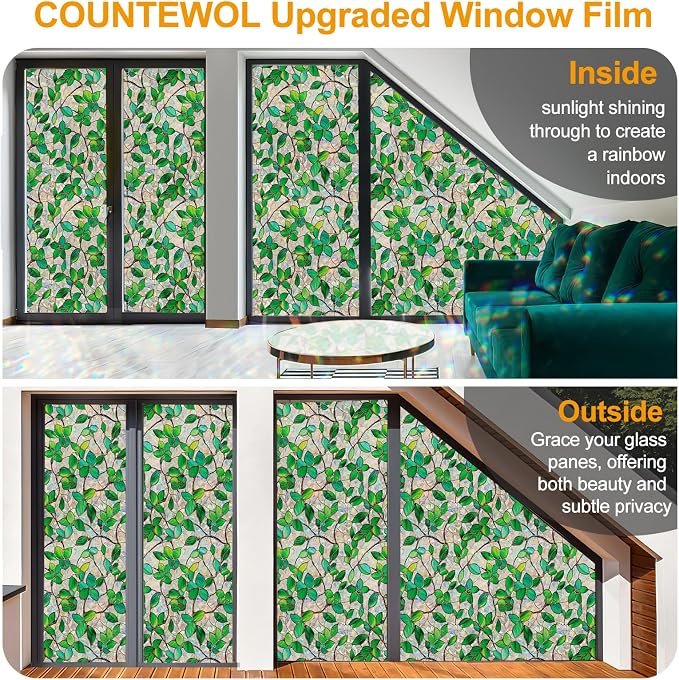 COUNTEWOL Window Privacy Film with Installation Tools Home Decorative Colored Glass Window Stickers Reusable electrostatic Rainbow Stickers (Greenery Leaf, 35.4 x 78.7 in)