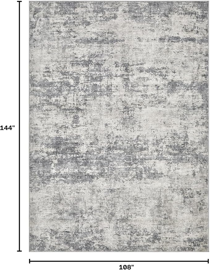 Abstract 9x12 Area Rug: Machine Washable Non Slip Ultra Thin Low-Pile Carpet, Soft Stain Resistant for Living Dining Room Bedroom, Kid Pet Friendly, Robot Vacuum Compatible - Grey Beige