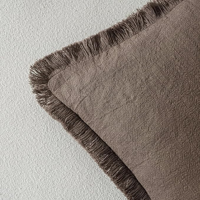 MIULEE Decorative Throw Pillow Covers Neutral Linen Fringe Throw Pillows Set of 2 Natural Coffee Boho Farmhouse Cushion Covers with Tassels for Couch Sofa Bed Living Room Fall Decor 18x18 Inch