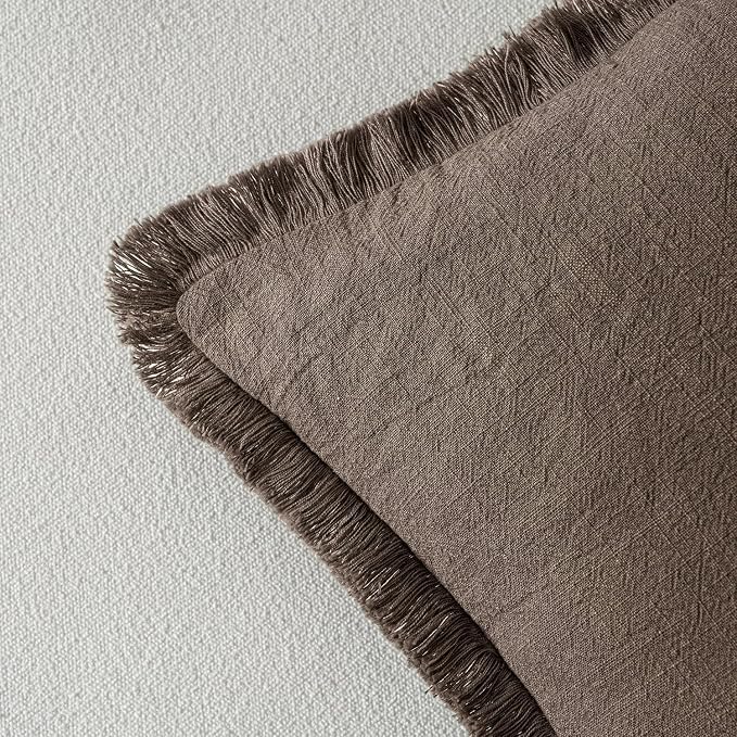MIULEE Decorative Throw Pillow Covers Neutral Linen Fringe Throw Pillows Euro Shams Set of 2 Natural Coffee Boho Farmhouse Cushion Covers for Couch Sofa Bed Living Room Fall Home Decor 26x26 Inch