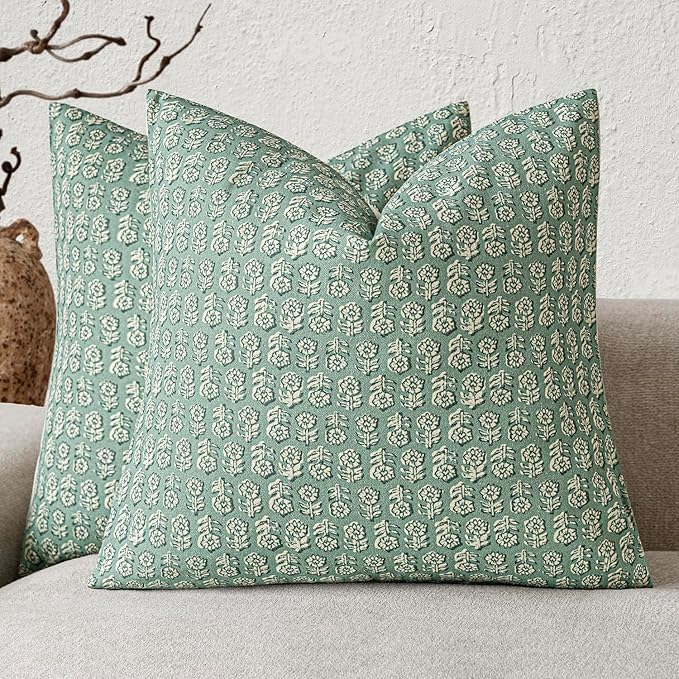 Foindtower Set of 2 Decorative Vintage Floral Print Throw Pillow Covers Neutral Modern Farmhouse Cushion Covers Boho Home Decor for Sofa Couch Chair Bedroom Living Room Outdoor,20×20 Inch,Aqua Blue